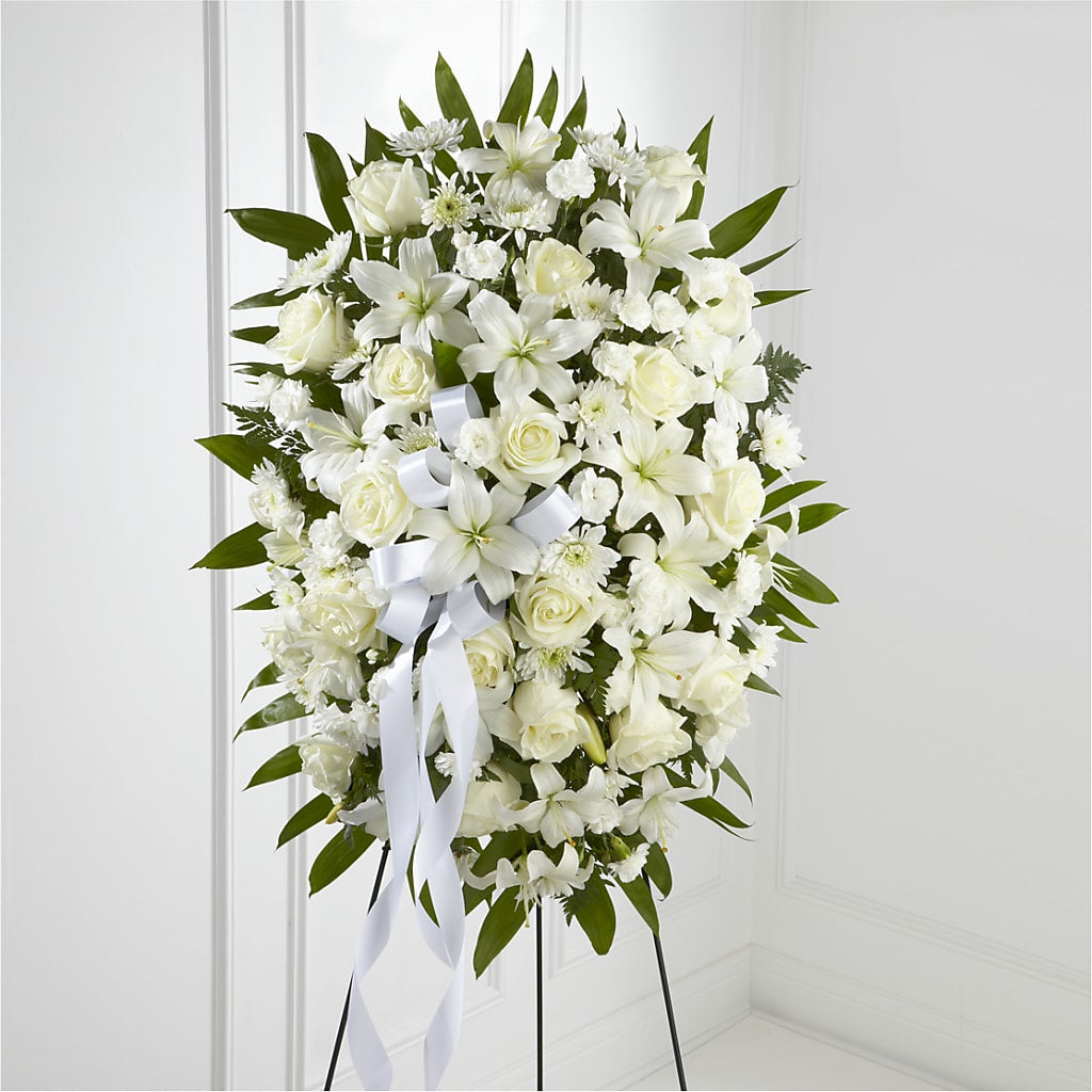 Exquisite Tribute Standing Spray-White Ribbon – Mulhearn Flowers Llc, West Monroe LA