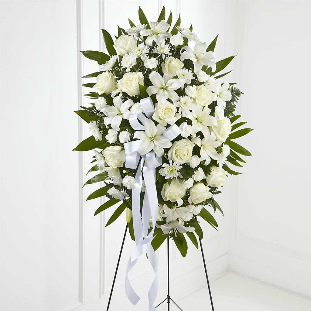 Exquisite Tribute Standing Spray-White Ribbon – Mulhearn Flowers Llc, West Monroe LA
